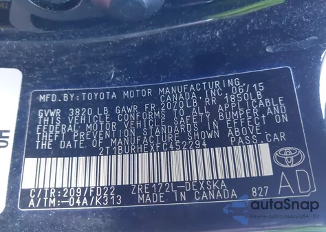 2015 Toyota Corolla S Plus z USA, uszkodzony, nr VIN 2T1BURHEXFC452294